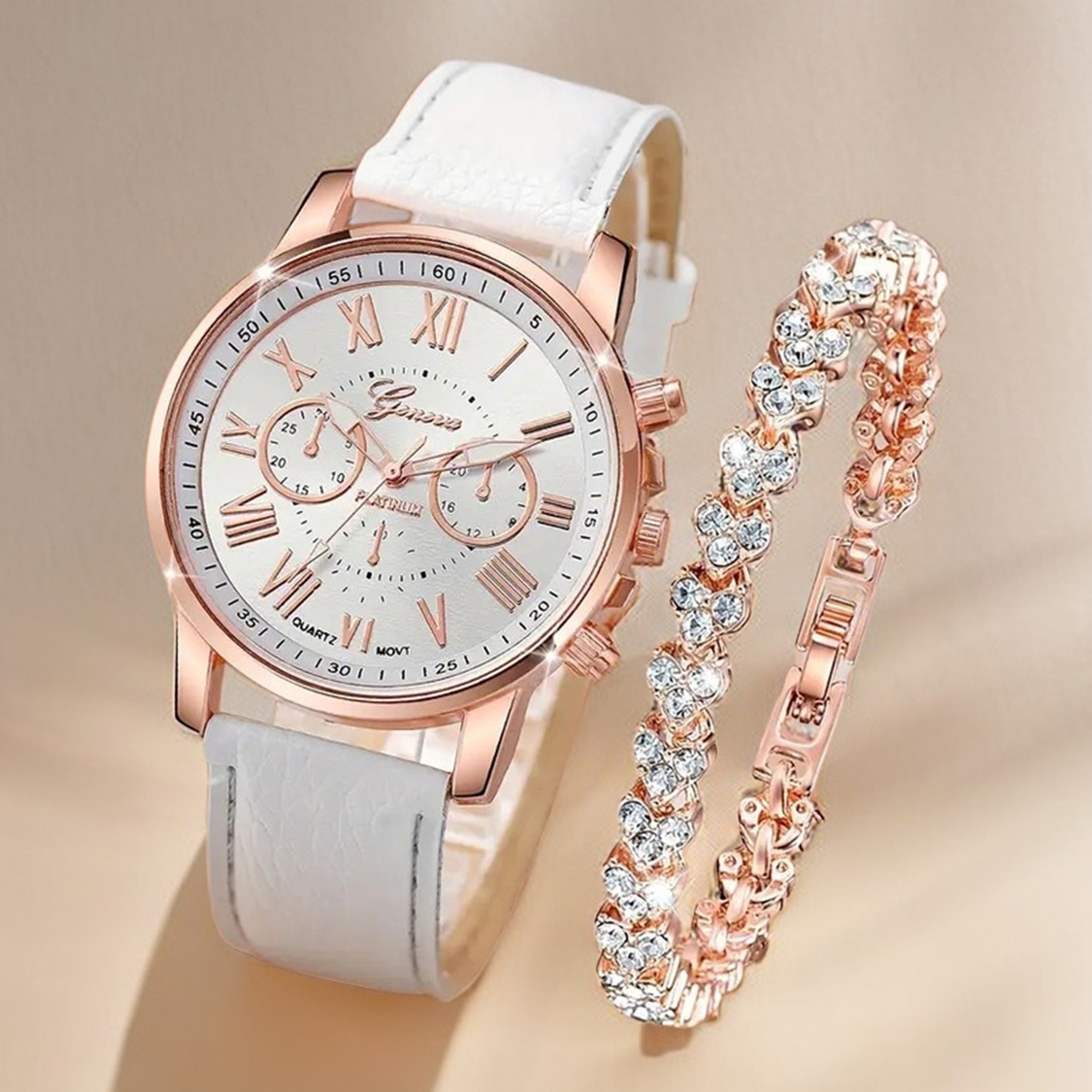 

2pcs Women's Casual Round Watch Analog Pu Leather Wrist Quartz Watch & Rhinestone Bracelet Gift For Mom Her