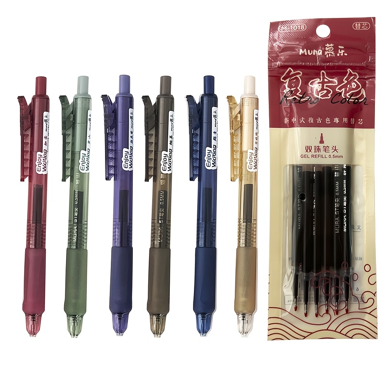 TEMU 6pcs Retro Color Gel Pen With 6pcs Pen Refill Set 0.5mm Quick Pen Vintage Color Writing Pen Painting Pen Office Supplies