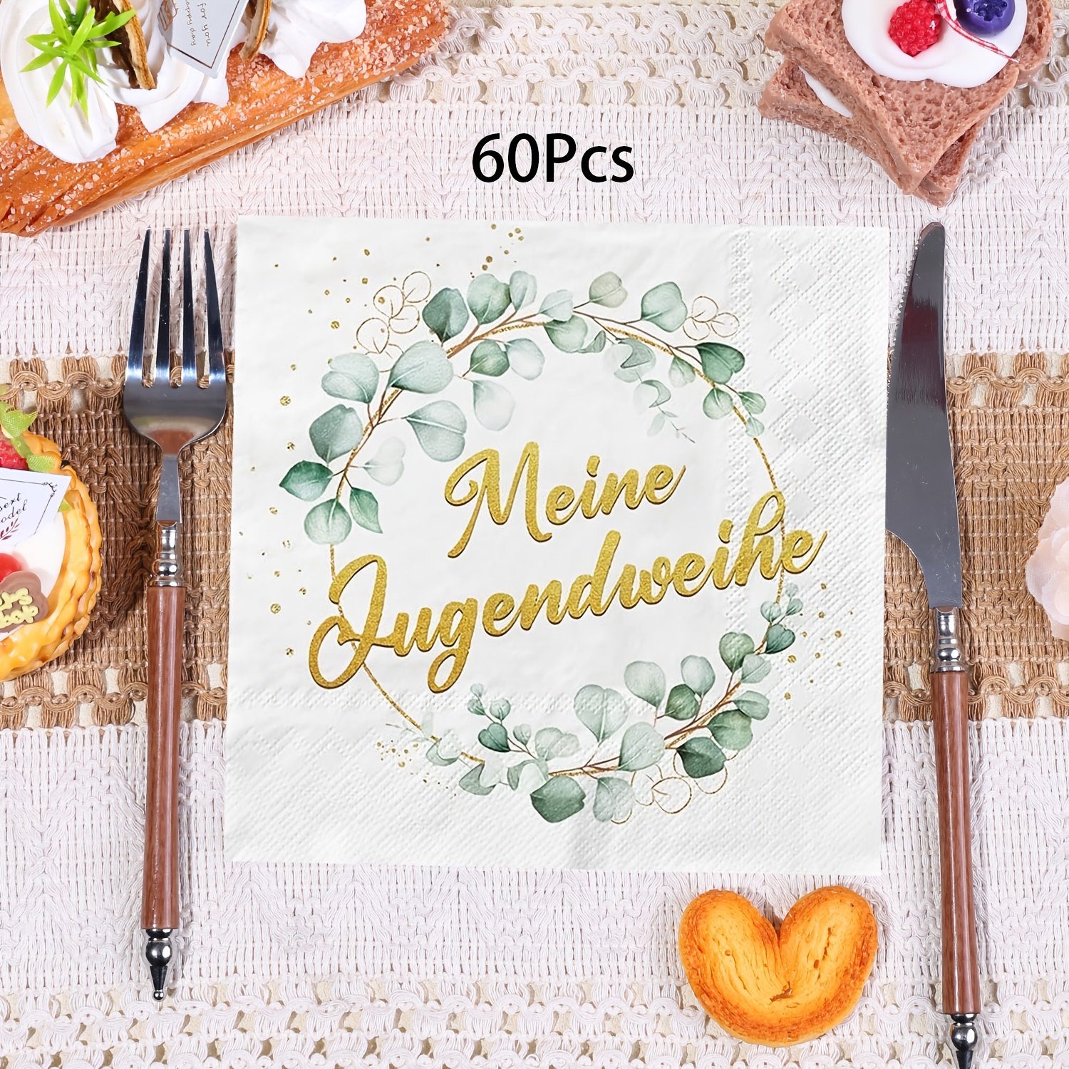 E-shop 20/40/60 Stück, Einwegservietten mit Jugendweihe-Motiv - 2-lagige Wasserfarben-Eukalyptus-Kranz-Papierservietten mit goldenen Folienakzenten für