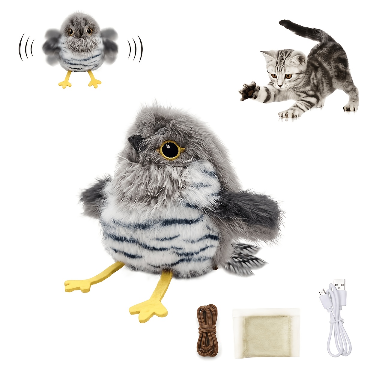 TEMU Interactive Cat Toy, Flapping Bird With Realistic Chirping Sound, Usb Rechargeable Plush Toy For Indoor Cats And Kittens, Containing Pet And