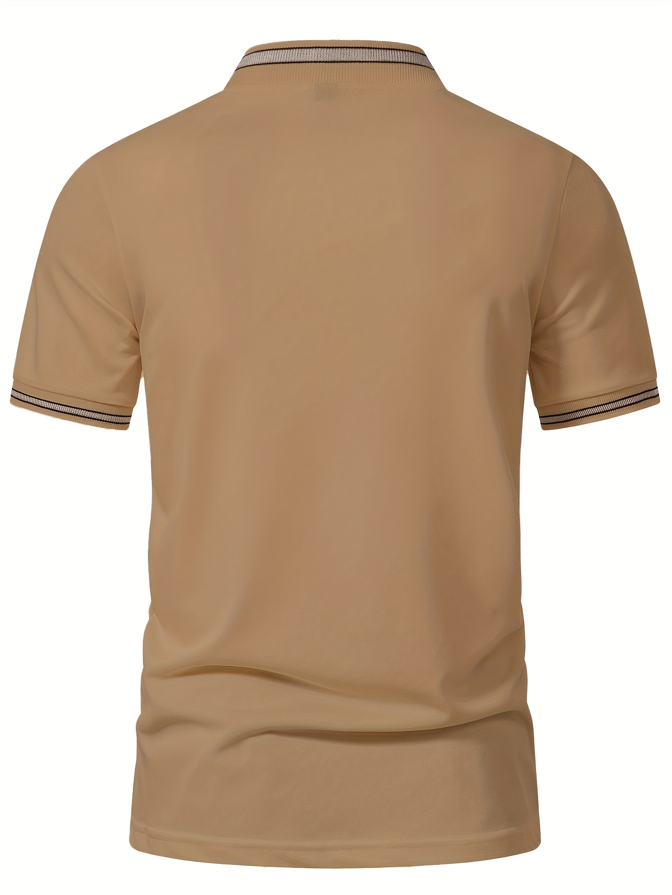 Men'S Casual Short Sleeve Polo Shirt - Beige with Black Side Stripes, Comfortable Breathable Fabric, Mandarin Collar, Zipper Detail, Perfect for Sports, Outdoor Activities & Casual Wear, Sports Casual Wear | Minimalist Design | Comfortable Fit
