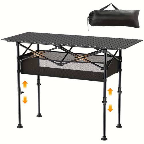 multipurpose large portable height adjustable and folding camping table with a large storage basket and carrying bag suitable for indoor and outdoor camping and backyard barbecues