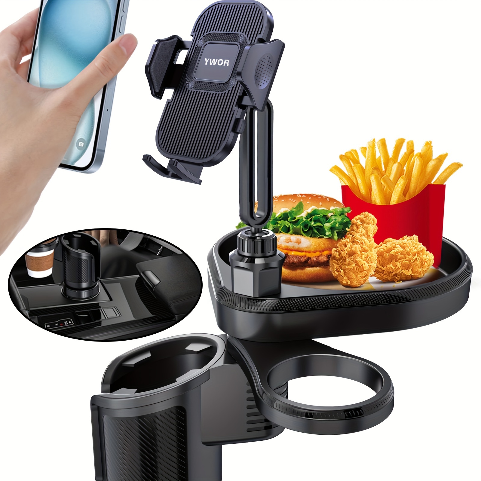 TEMU Automotive Cup Holders Expander For Car, 3 In 1 Expandable Car Food Table Tray For Eating - Road Trip Essentials, Car Organizer, Car , Golf Cart