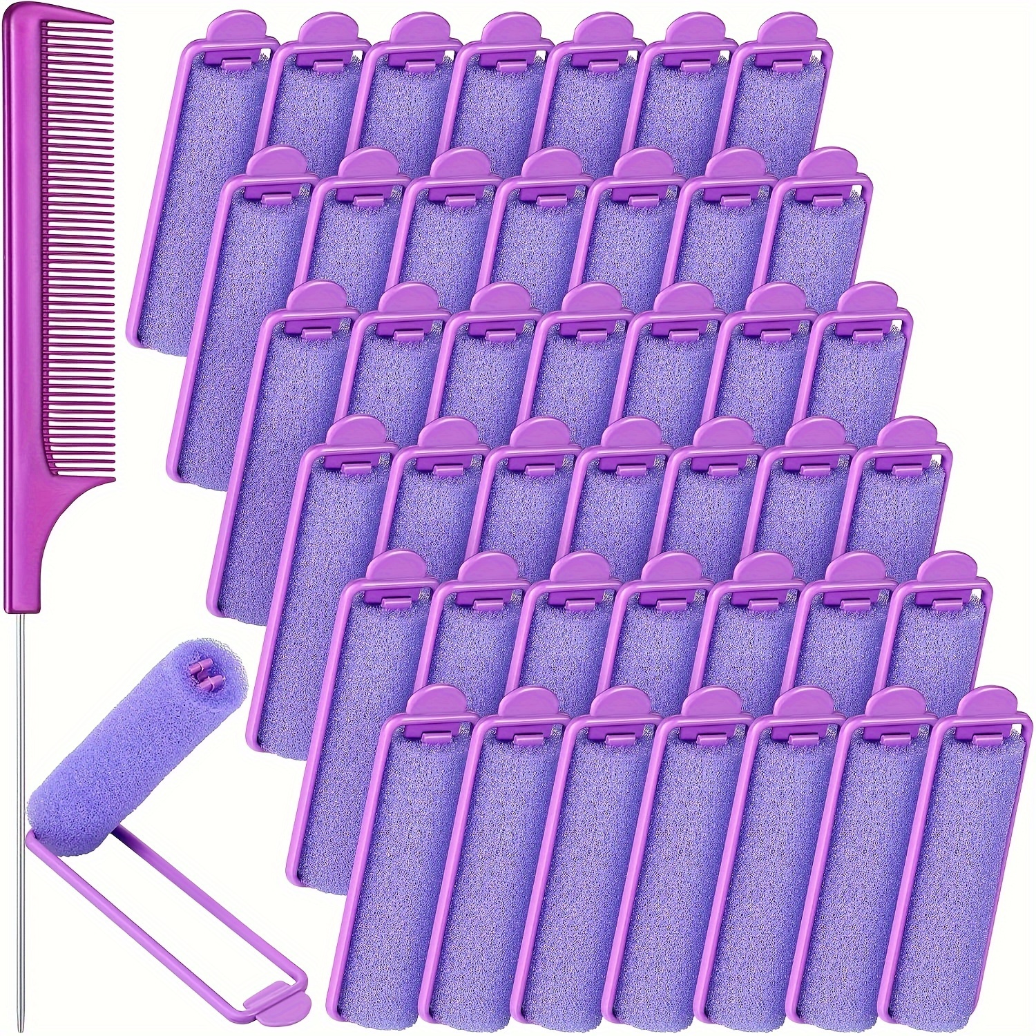 

43pcs Foam Sponge Hair Rollers Set, Includes 42pcs Soft Sleeping Hair Curlers Flexible Hair Styling Sponge Curler And Stainless Steel Rat Tail Comb Pintail Comb For Hair Styling (purple)