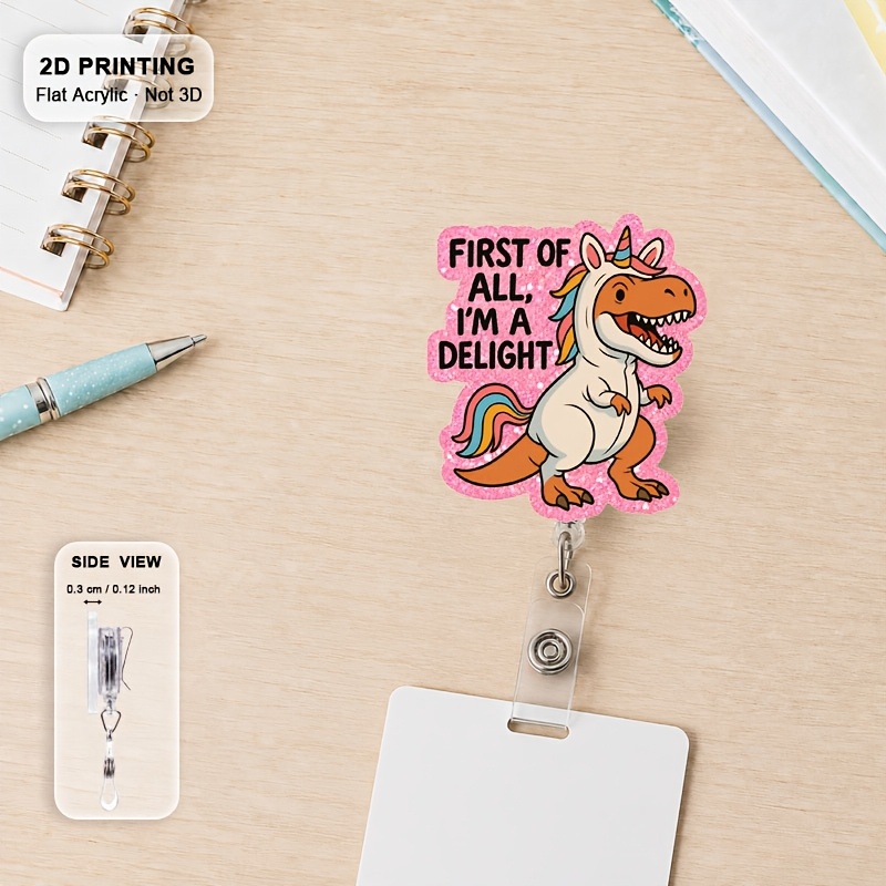 TEMU 2d Printed Acrylic Fun Dinosaur Unicorn Badge Reel, Was Happy Retractable Id Holder, Cute Glitter Badge Clip, Suitable For Nurses, Teachers,