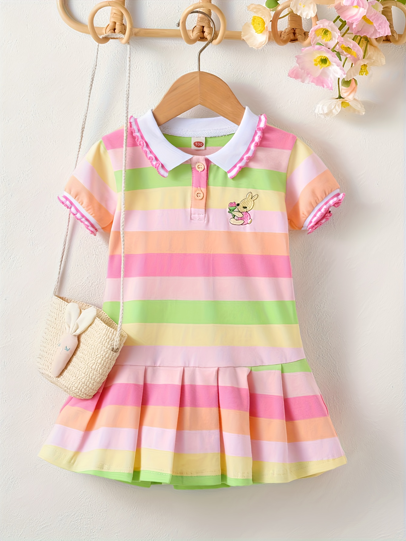 Girls' New Summer Striped Rabbit Embroidery Short Sleeve Dress