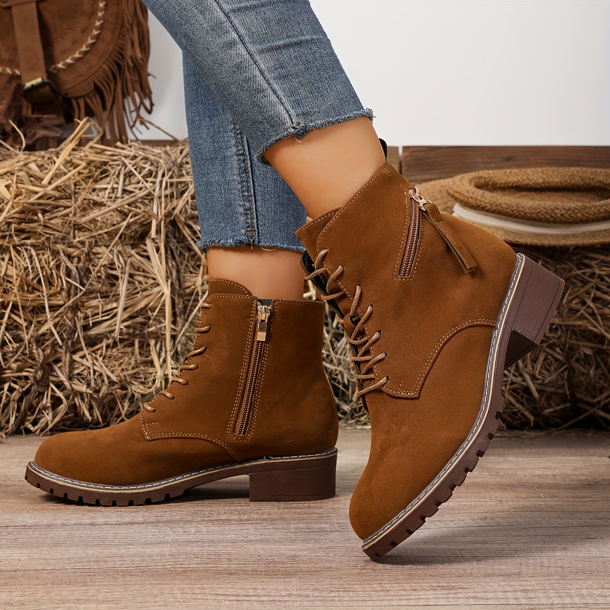 TEMU Women's Autumn/winter New Ankle Boots, Comfortable Fashion Versatile Solid Color Shoes, Chunky Heel Side Zipper J Thickened Warm Short Boots,