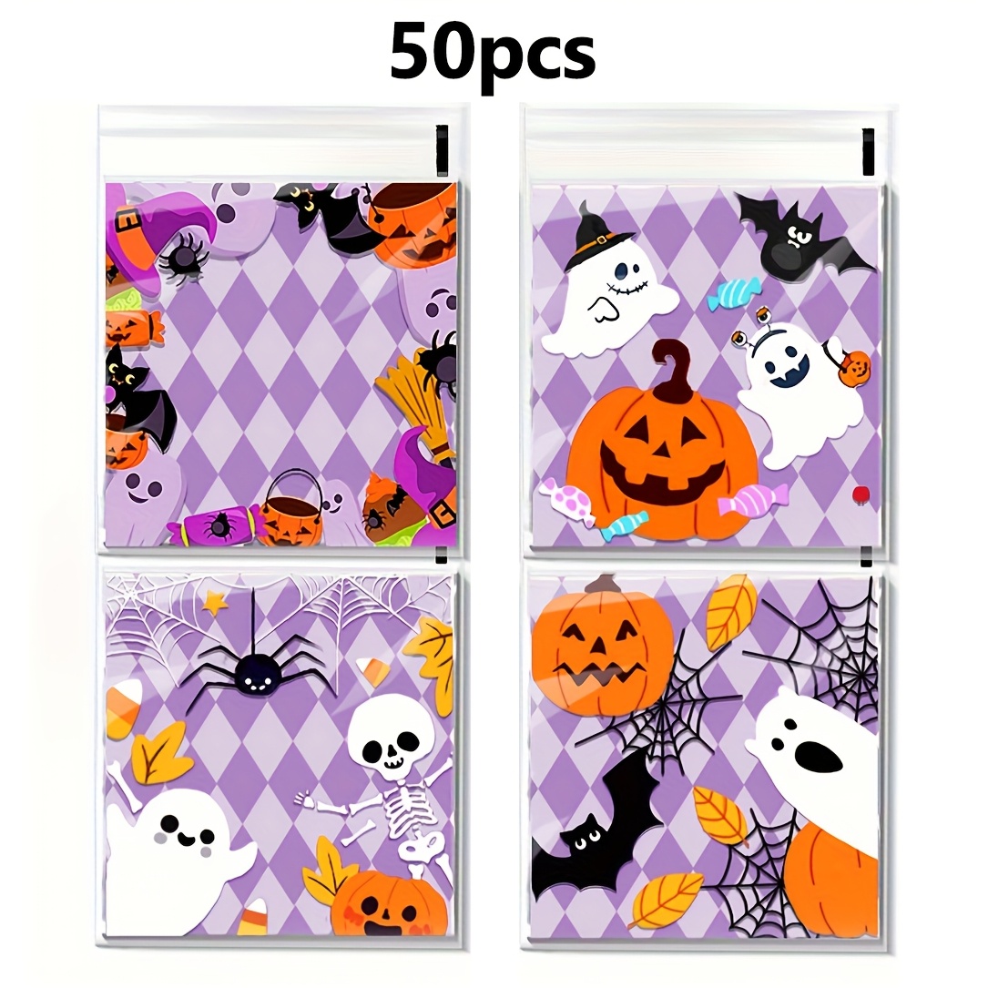 TEMU Lot de 50 sacs auto-scellants à imprimé citrouille d'Halloween, petits sacs cadeaux pour fêtes, pâtisserie, biscuits, bonbons, sacs d'emballage