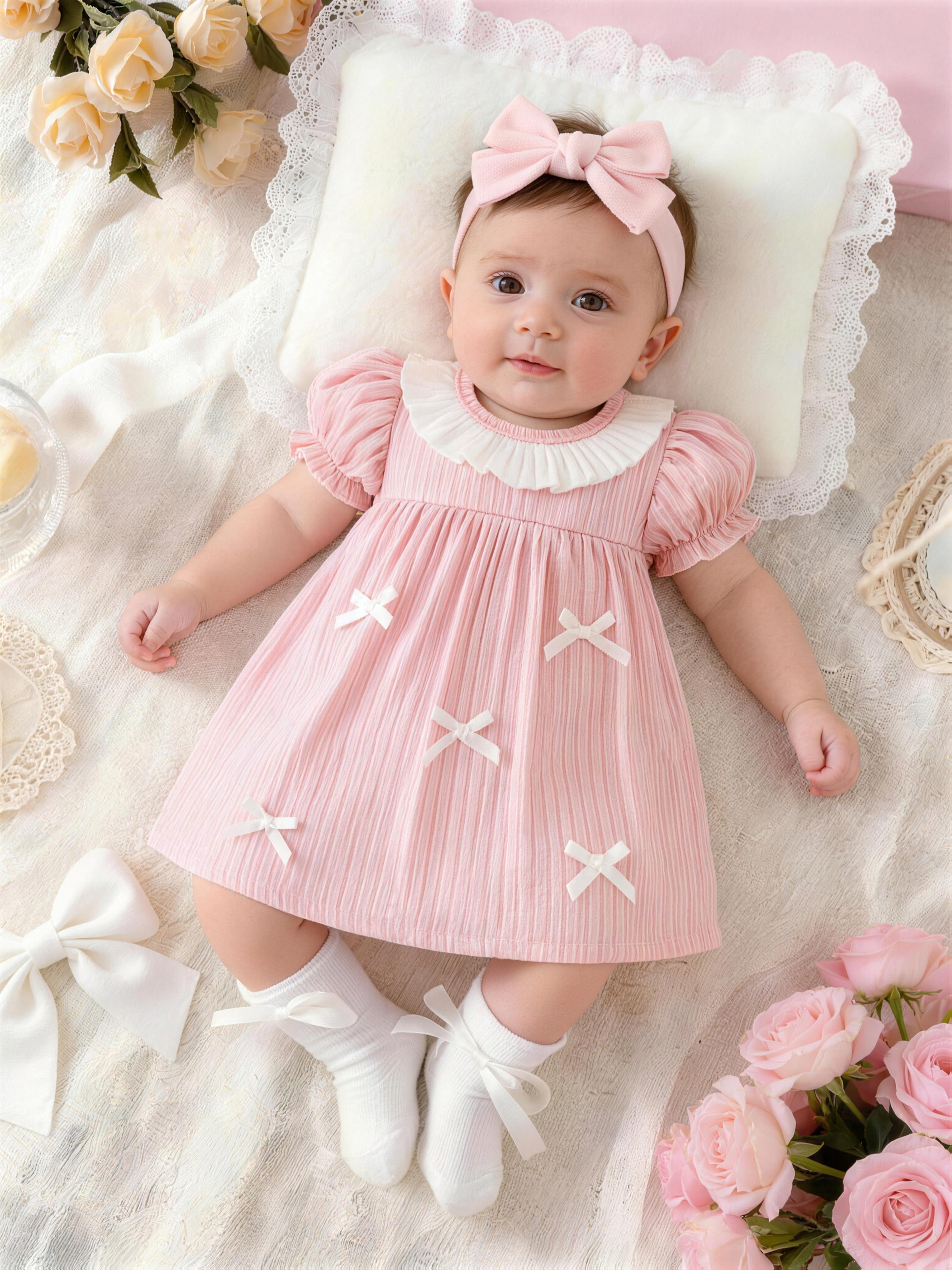 One Cute And * Knit Dress For Newborn Girls | Featuring A Round White  Collar With Ruffles, A-Line Skirt, Puff Sleeves In Pink, And Small White  Bow Decorations