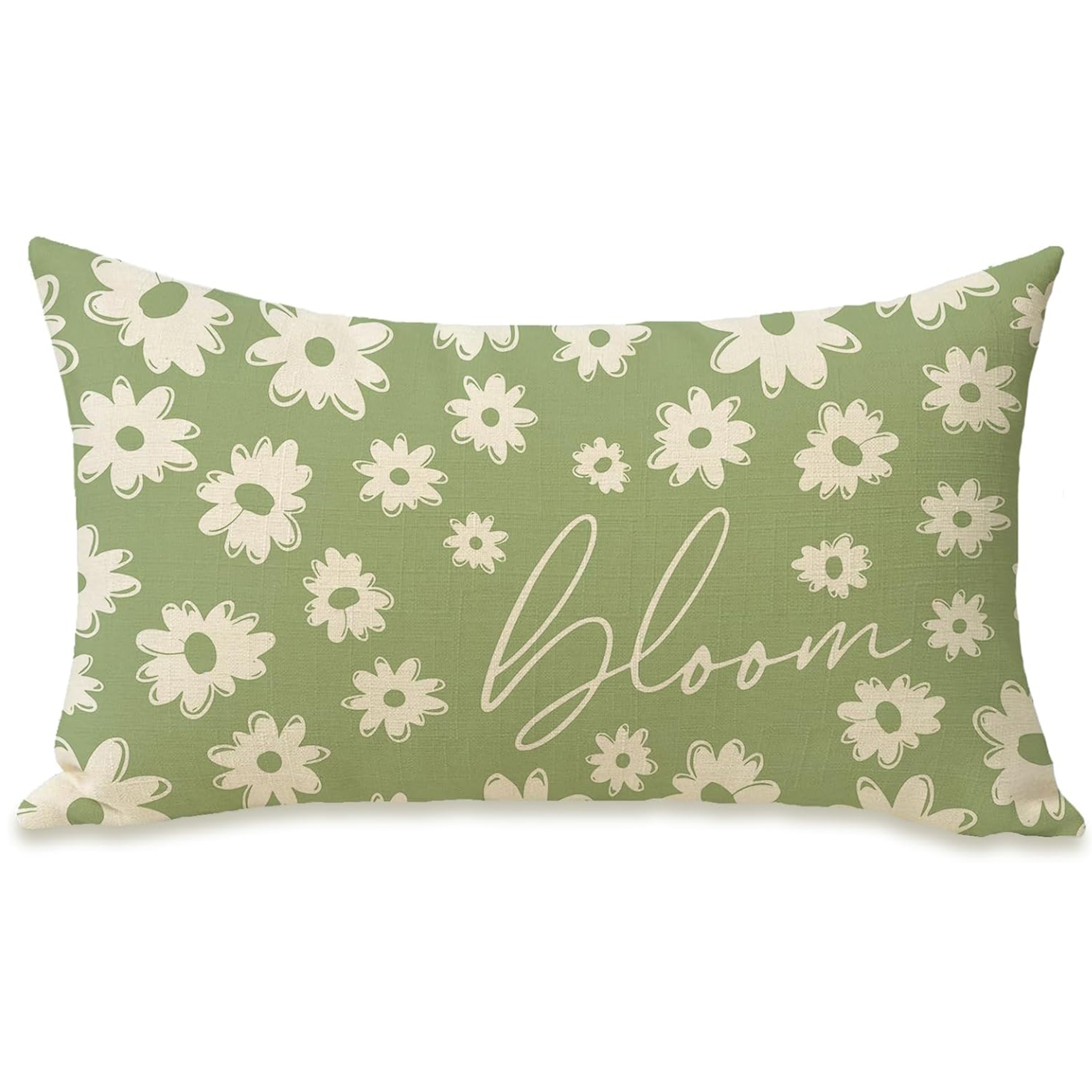 

Floral Linen Pillow Cover 12x20 - Green, Zippered Decorative For Sofa & Patio, Machine Washable