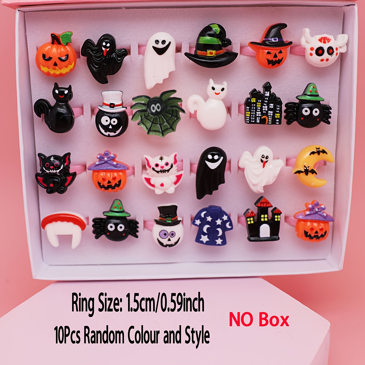 TEMU 10pcs Halloween Themed Resin Rings Set, Cute 3d Pumpkin Bat Spider Castle Finger Rings, Gothic Cartoon Adjustable Ring Additions, Holiday Daily