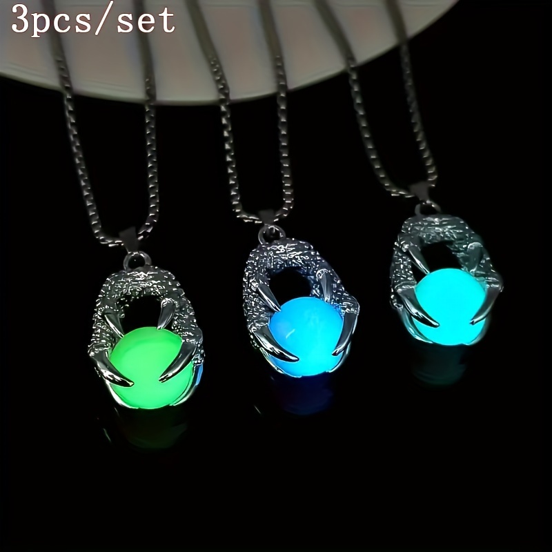 

3pcs/set Stainless Steel Chain Men's Luminous Dragon Claw Pendant Necklace Inlaid Fluorescent Stone - Vintage Style, Daily Wear, Suitable For All Seasons