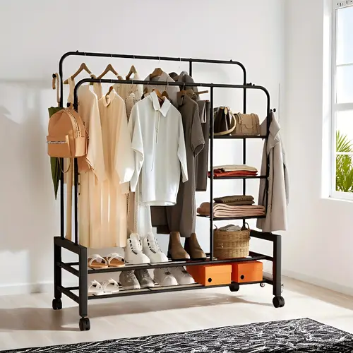 double rods mobile clothing rack heavy duty garment rack for hanging clothes 4 side hooks black clothes racks for hanging clothes multifunctional bedroom storage