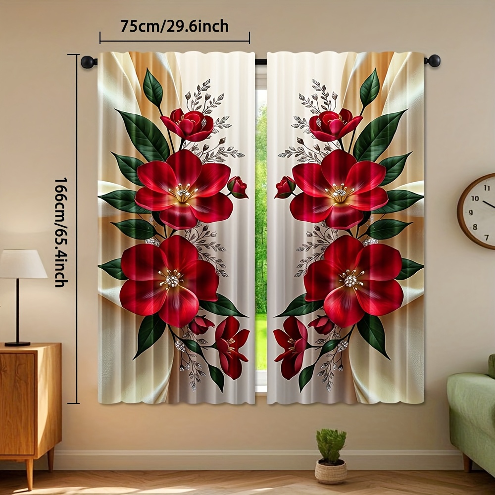 TEMU 2pcs, Elegant Red Rose Print Polyester Curtains Rod Filtering Ideal For Living Room Bedroom Office Home Decoration