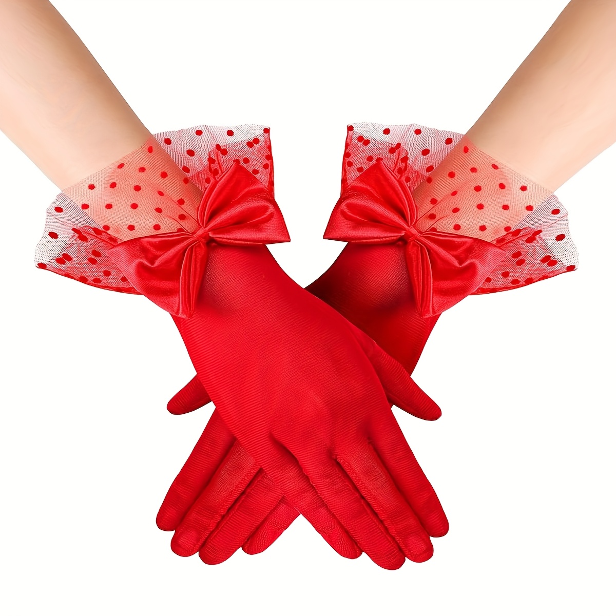 TEMU 1 Paire de Gants D Femme en Dentelle avec Nœud, Courts, à Pois, Style Rétro Européen Élégant, Idéaux pour Halloween, Soirée Thé, , Bal de Remise