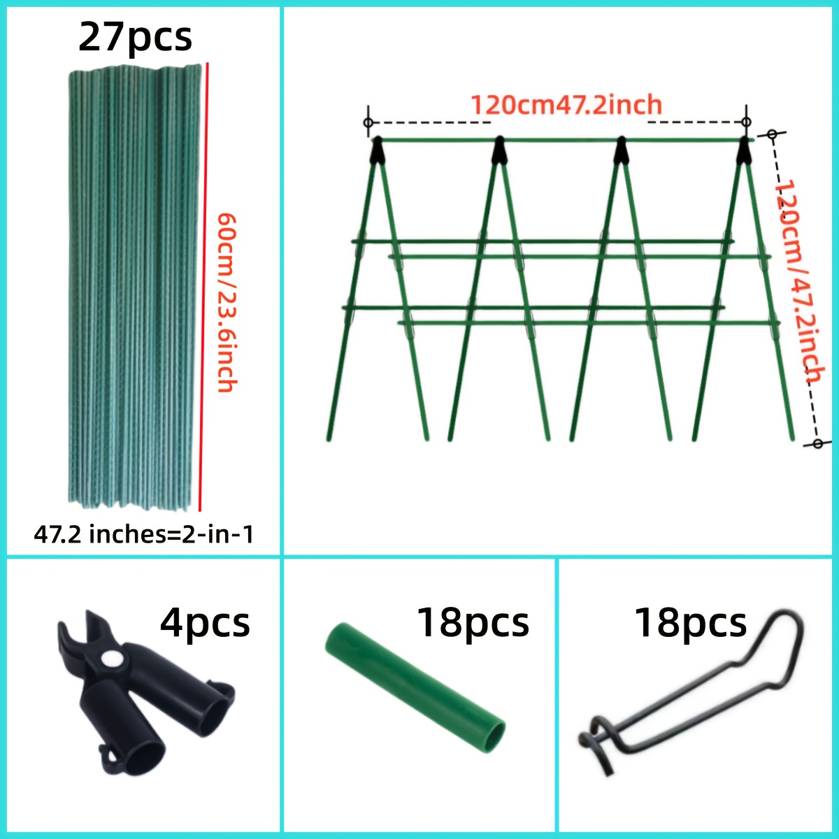 E-shop Gesamteinsatz Gartenstütze Zubehör, (27 Stangen und 18 Verbinder und 18 Federclips und 4 A-förmige Gabeln), Weintraube Gurke Bohnen