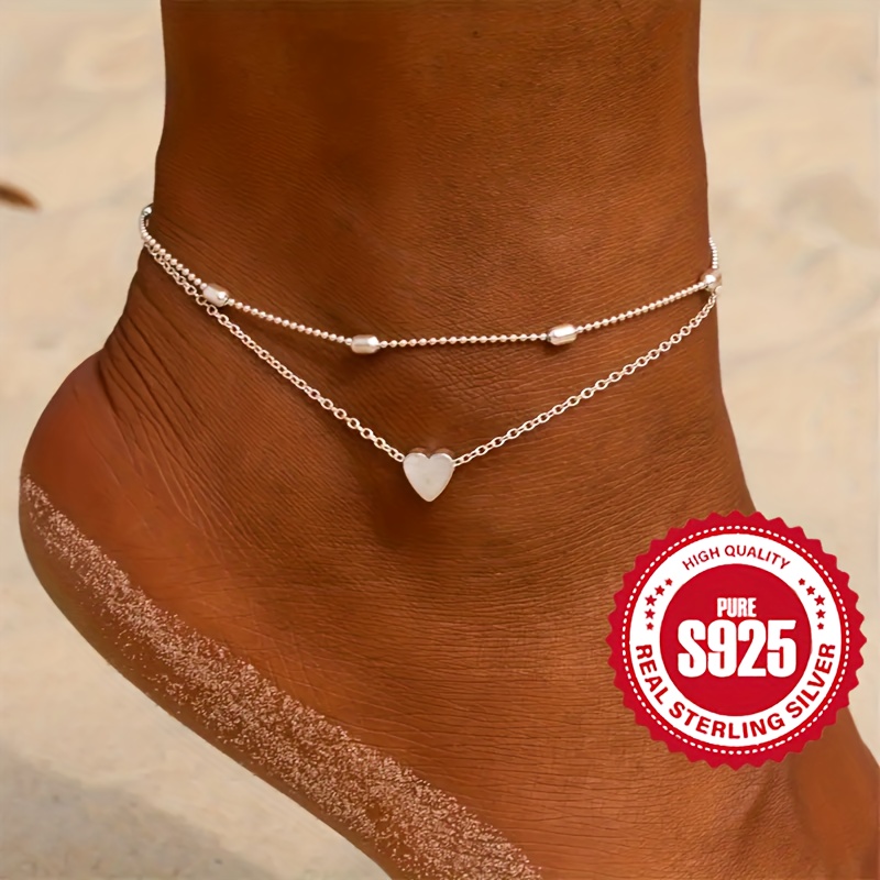 

Exquisite Double Layer Heart Pendant Anklet 925 Sterling Silver Hypoallergenic Jewelry Elegant Sexy Style For Women Summer Beach Foot Chain