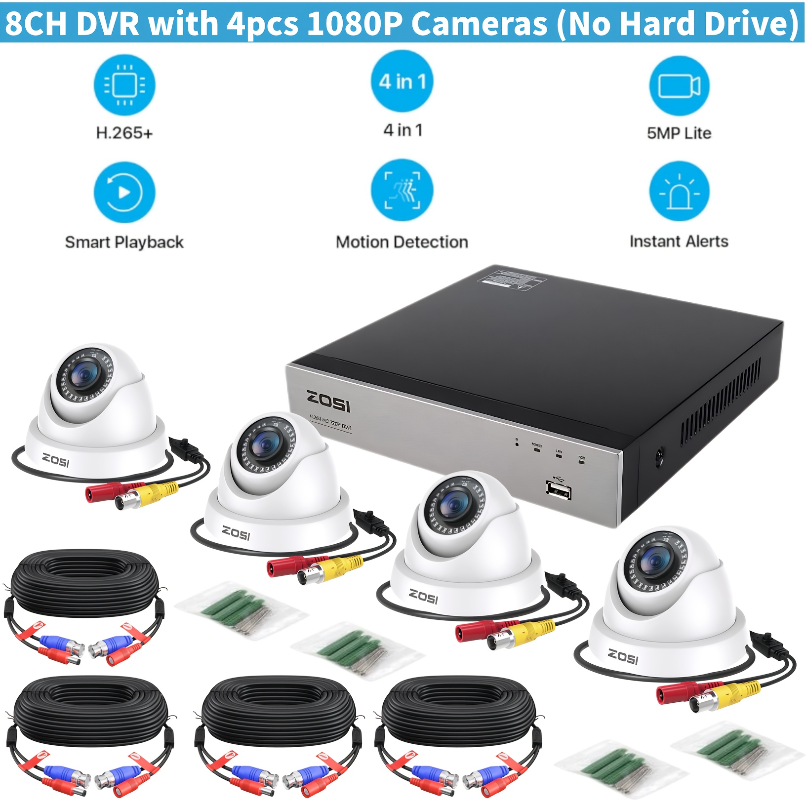 TEMU Lot de 4 caméras de surveillance CCTV dômes filaires 2MP 1080P avec 4 câbles BNC de 60 pieds, système DVR 8CH H.265+ (disque dur non inclus) -