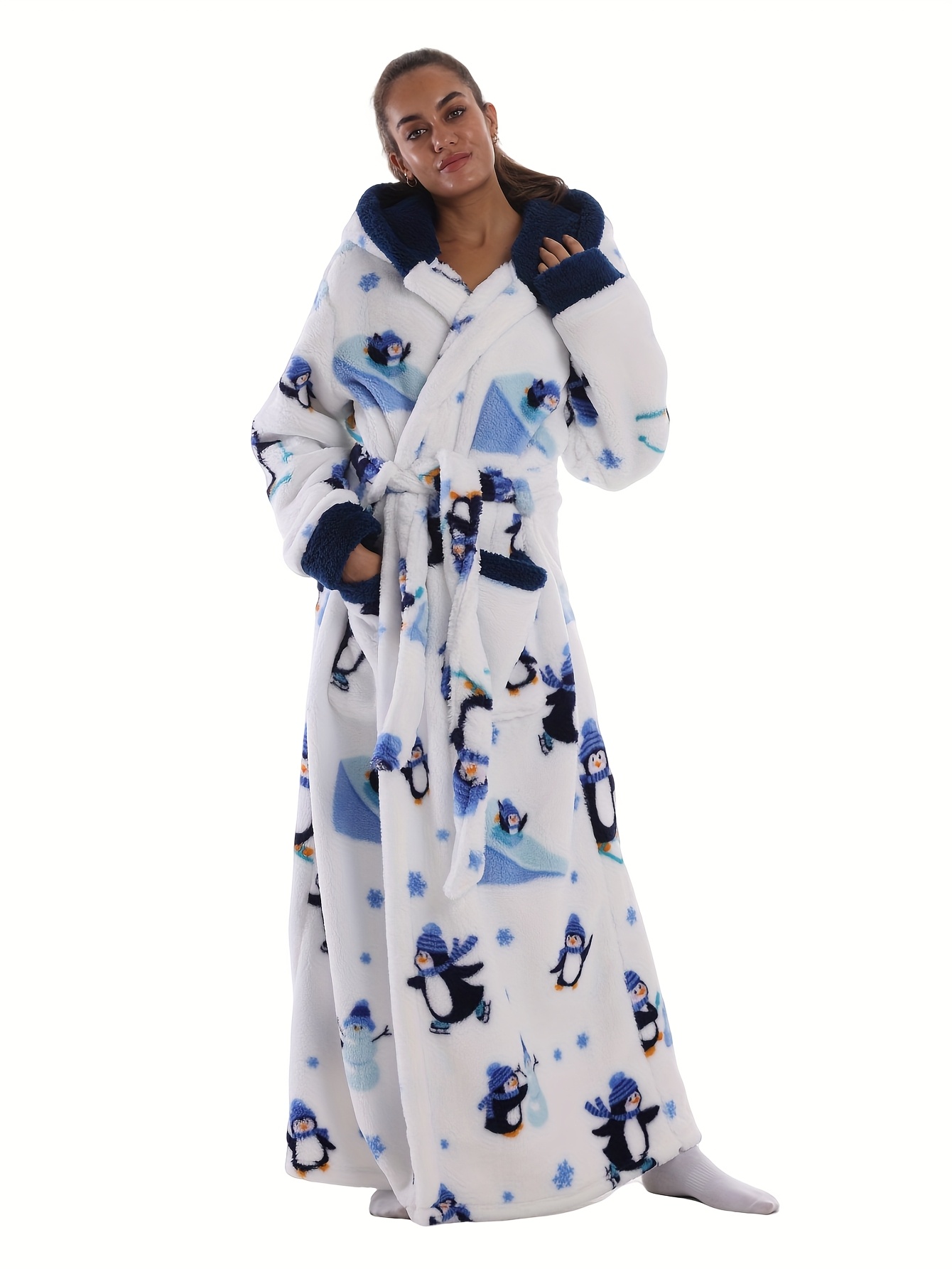Women's Cartoon Penguin Pattern Thickened Warm Hooded Sleepwear Robe with  Belt & Pockets for Fall & Winter, Oversized Extra Long Home Robe