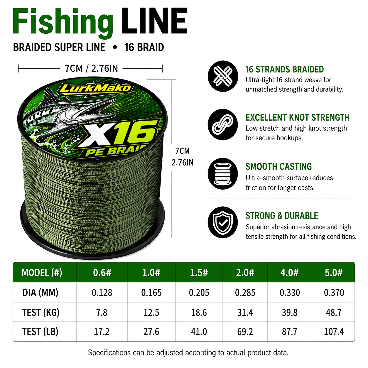 TEMU Hilo de pescar trenzado de PE de 16 hebras de calidad, color , 300 m/328 yd de extralarga, múltiples opciones de resistencia de 22 a 90 lbs. es