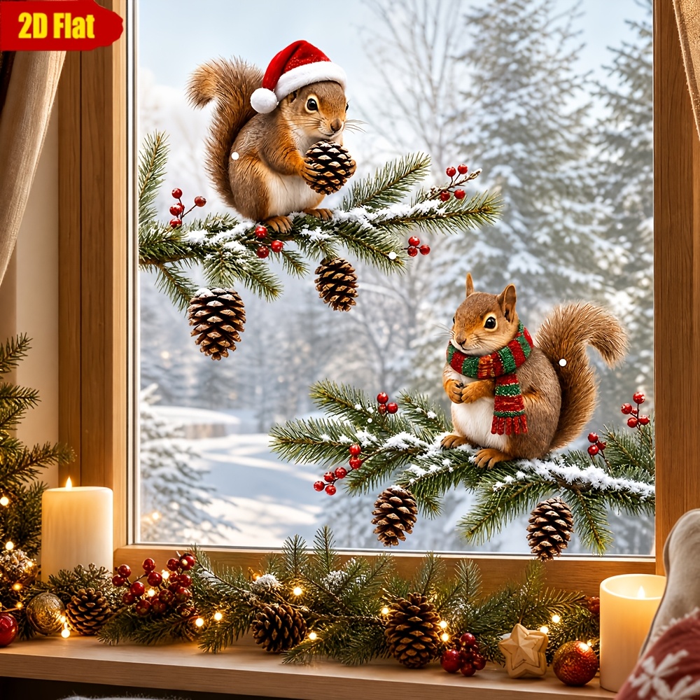 TEMU 1pc Christmas Hat Scarf Squirrel Pine Branch Static Glass Sticker, Double Squirrel Branch Christmas Decorative Sticker, Home Wooden Window,