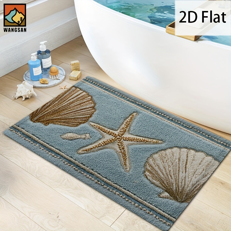 TEMU 2d Flat, 2d Flat, 1pc A Flat Starfish And Shell Design Anti-slip Mat Made Of Flannel, Featuring A Soft Plush Texture. Ideal For Use In Bathrooms, Doorways, Kitchens, Living Rooms