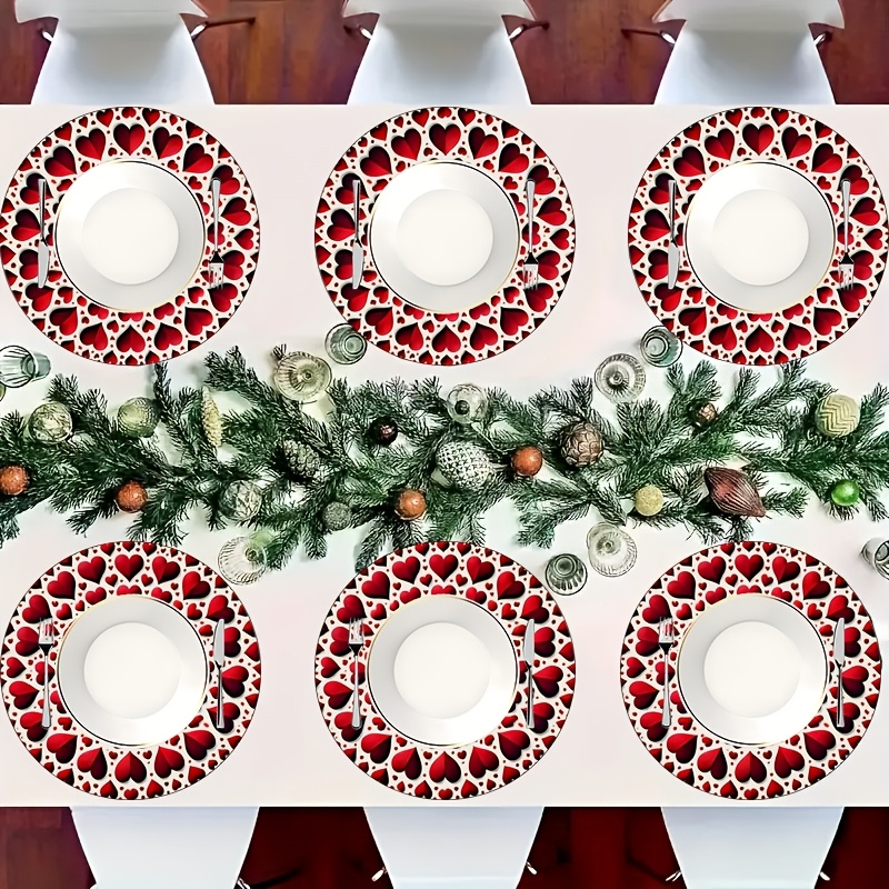 TEMU Set van 2/4/6 Valentijnsdag Rode Hart Ronde Placemats - 13,8 Inch X 13,8 Inch, Feestdagenpatroon, Geschikt voor Dagelijkse Feestelijke