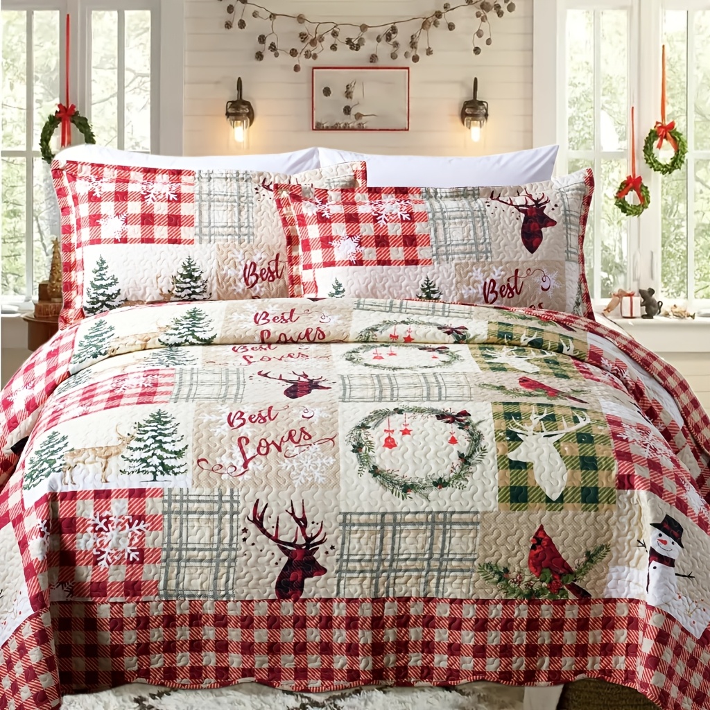 TEMU 3pcs Cute Christmas Tree Quilt Set Red Size Queen Size Snowflakes Pattern Bedspread Lightweight Coverlet Comforter Set Bed Cover Warm Christmas