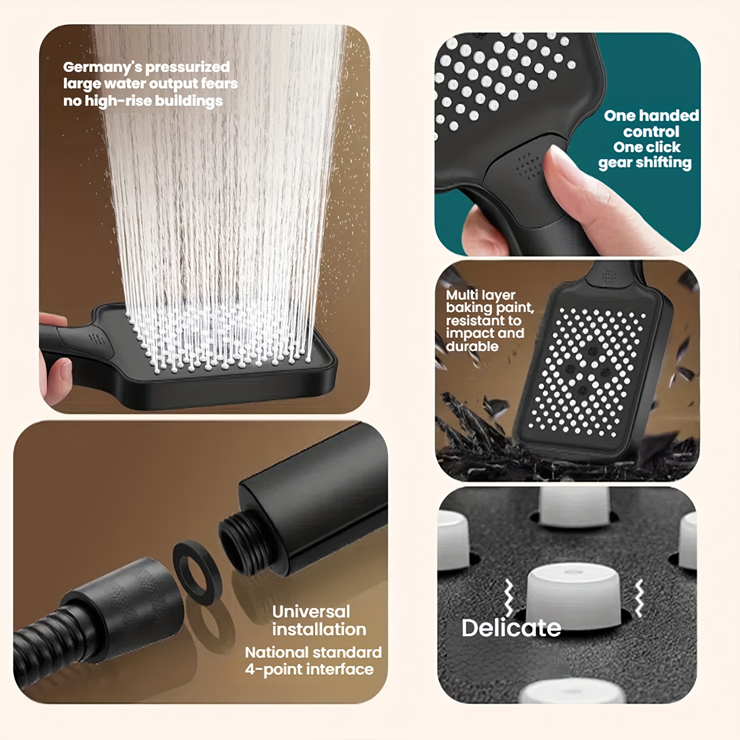 3pcs Square Three-Setting Rain Shower Head Set with Hose Holder