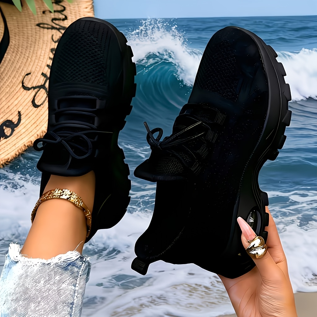 TEMU Sneakers, Ladies' Black Knitted Running Shoes, Casual Sports Shoes, With Air Cushion, Lace And Comfortable Fabric Upper, Breathable Suitable For