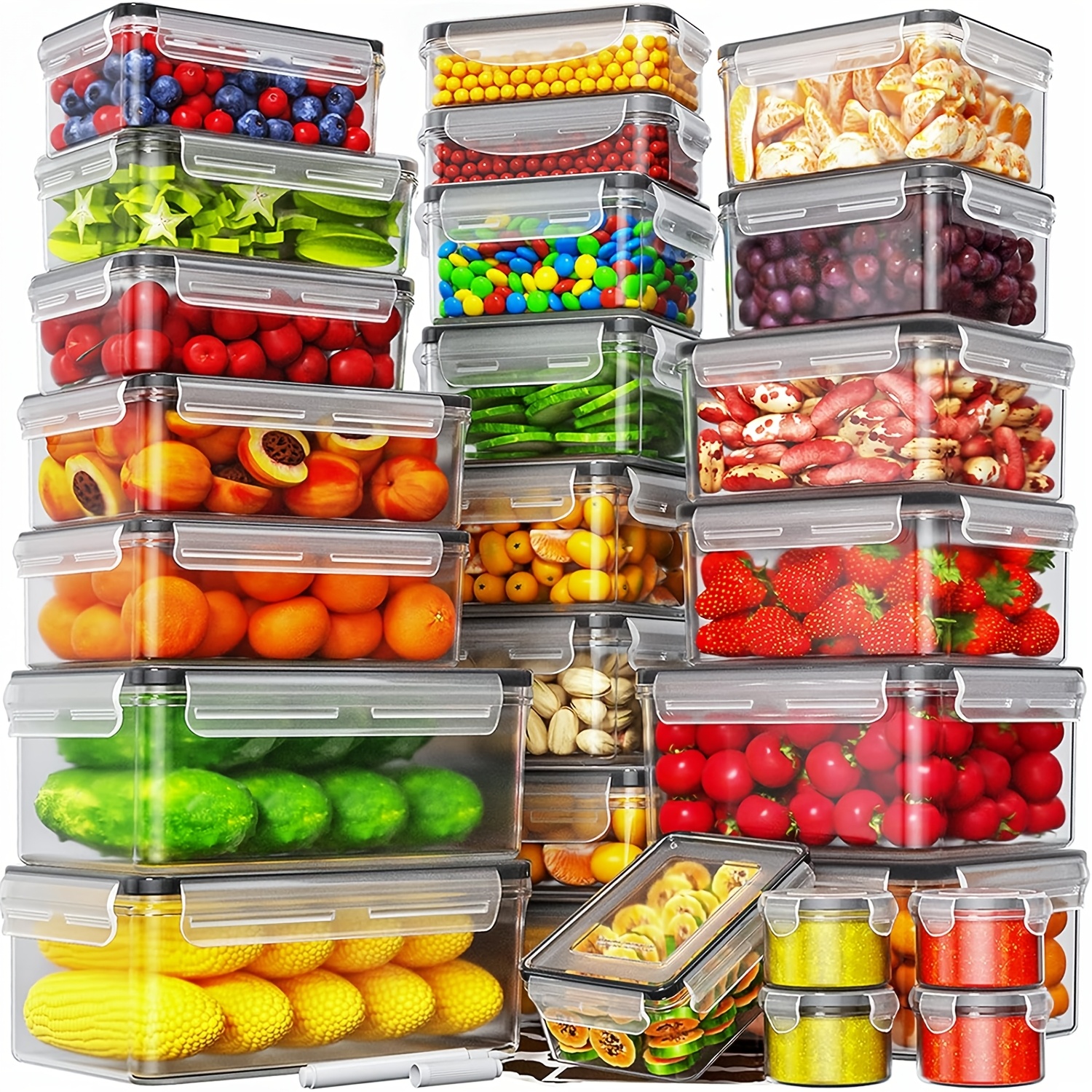 24pcs Airtight Food Storage Containers with Hinged Lids, Microwave & Freezer Safe, Transparent Plastic Pantry Organizer
