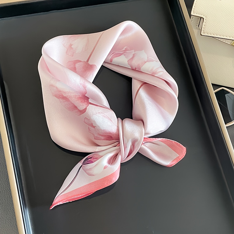 

27.6in Pink Floral Scarf For Women, Elegant Spring/summer/fall Neck Accessory, Style Bandana For Hair Wrapping, Handbag Decoration, Square