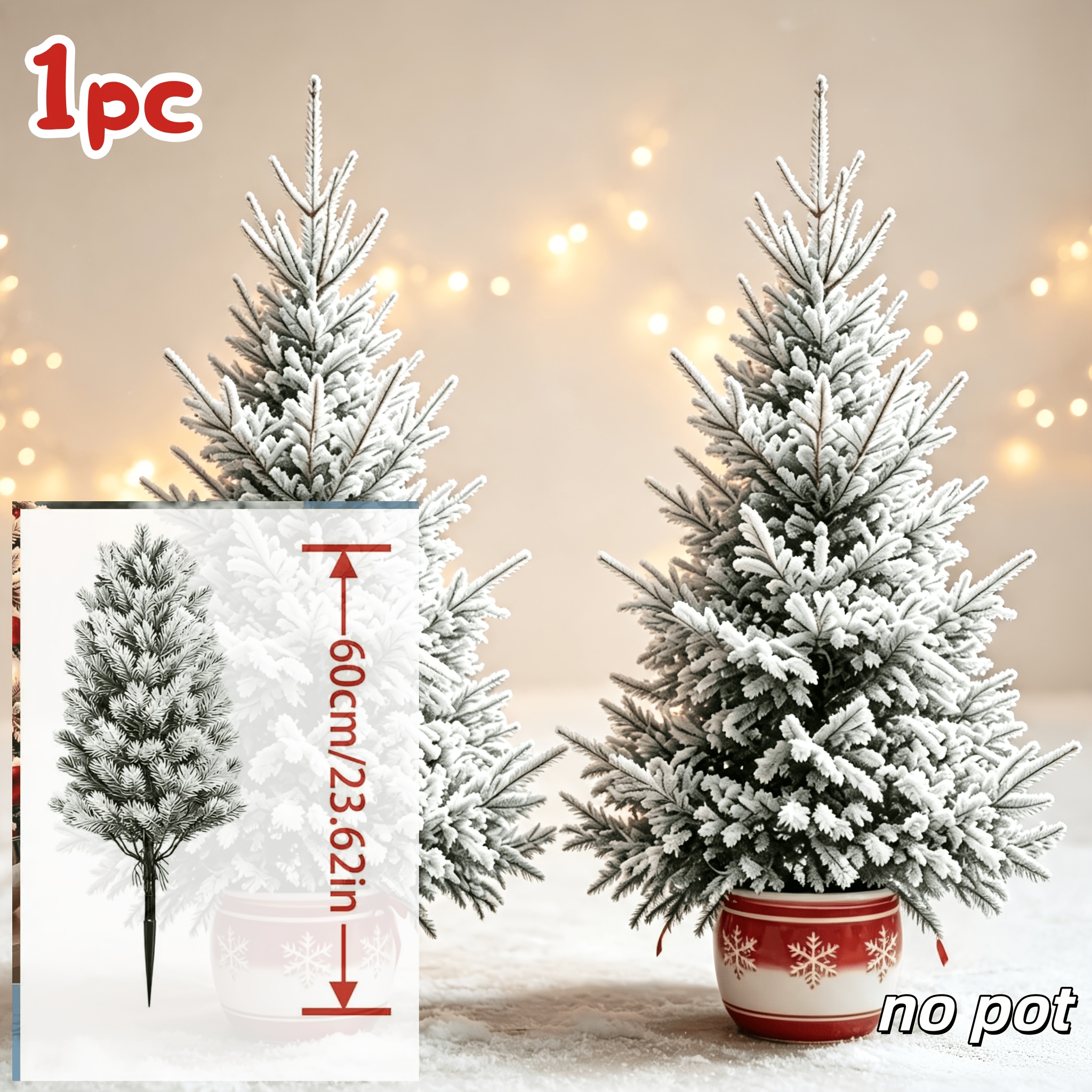 TEMU 23.62in Flocked -covered Artificial Christmas Tree Suitable For Indoor/outdoor Use, Realistic Pine Tree With Flocked Branches & , Long- For