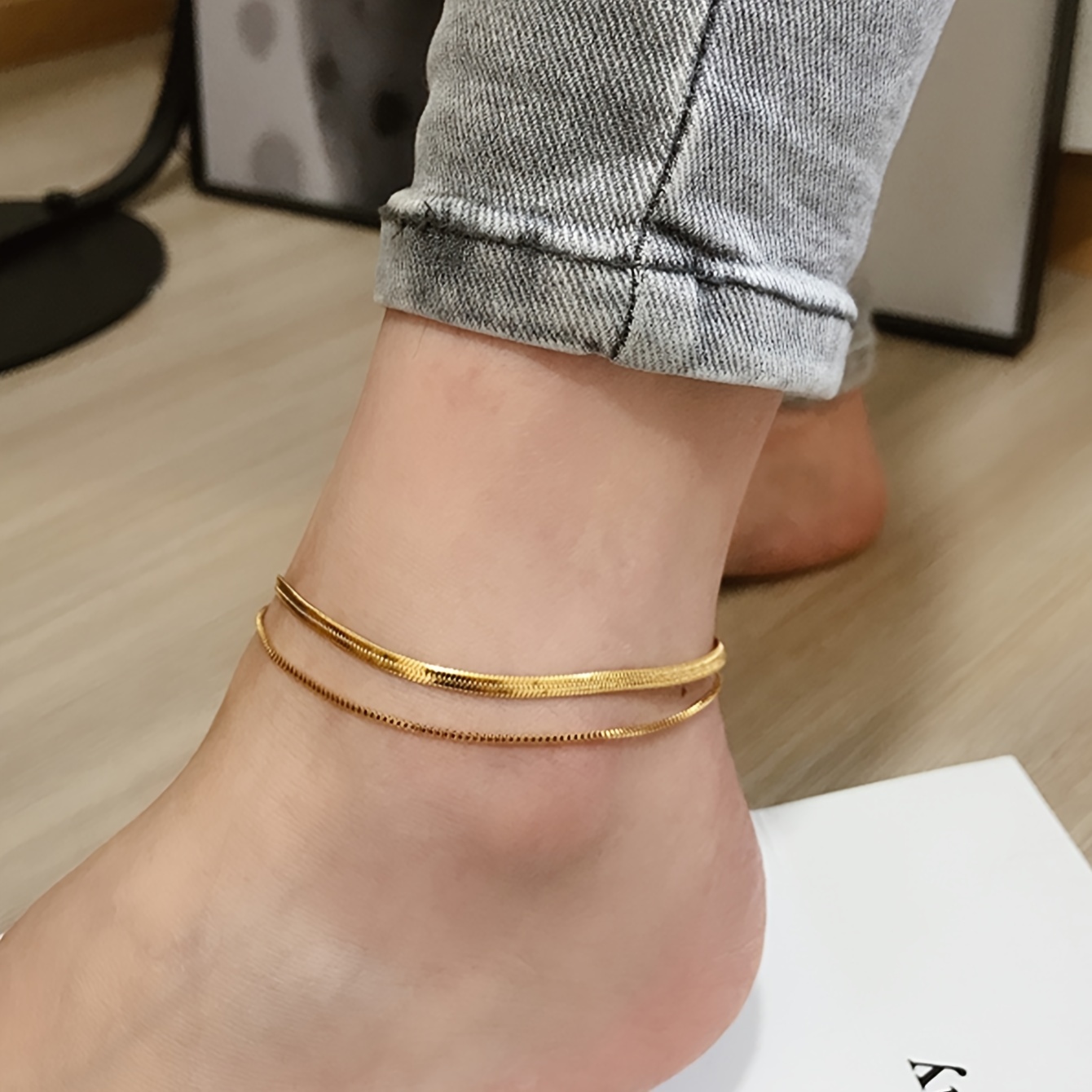 

Simple Vacation Style 18k Gold Plated Stainless Steel Double Layer Anklet For Women