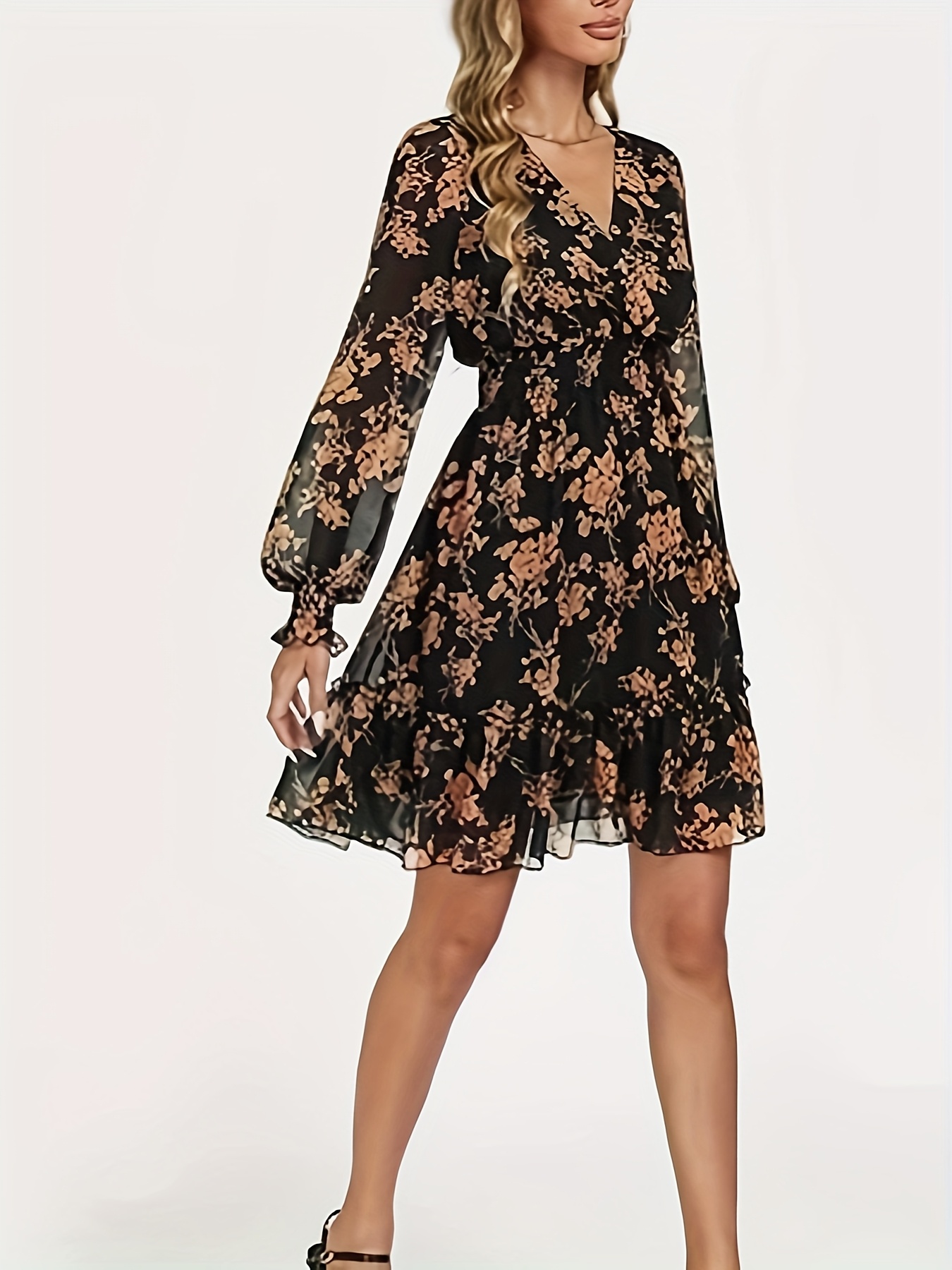 womens floral chiffon long sleeved mini dress flowing a line