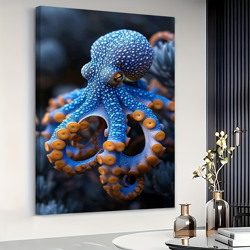 TEMU Blue-ringed Octopus Oil Painting On Canvas - Solid Wood Framed Wall Art, 16x24 Or 24x36 Inch, Vibrant Decor For Living Room, Ready To Hang, 2d