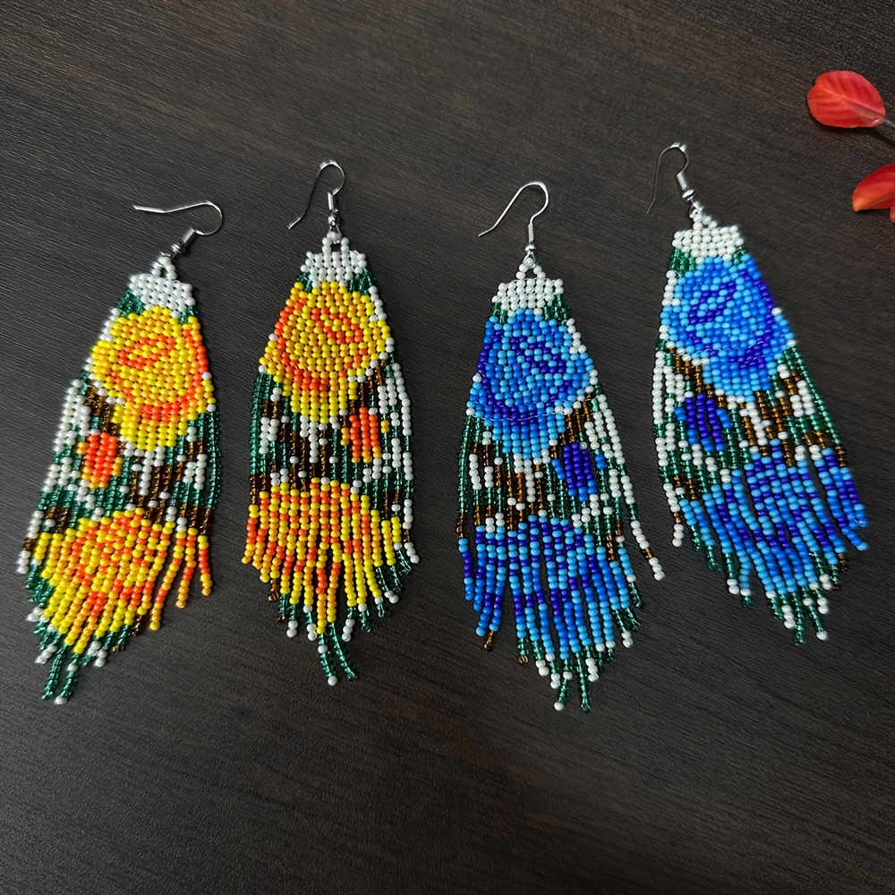 Elegant Handmade Flower Beaded Tassel Drop Earrings for Women