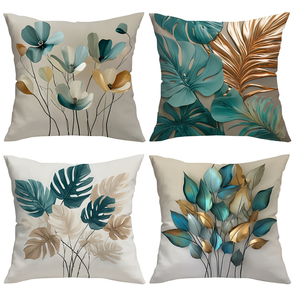 E-shop 4er-Set Kissenbezüge mit tropischen Pflanzenblättern, Monstera- Arekapalmen-Druck, abstraktes Blumendesign, metallische Textur Farbverlauf,