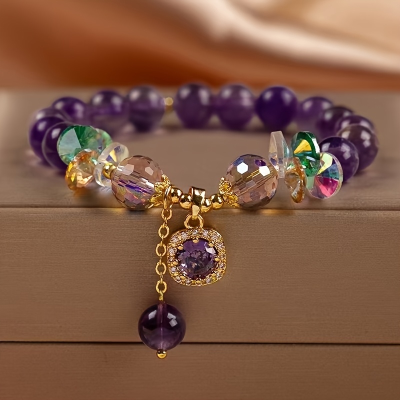 4pcs Bohemian Style Amethyst Beaded Bracelet Set with Dangling Charms