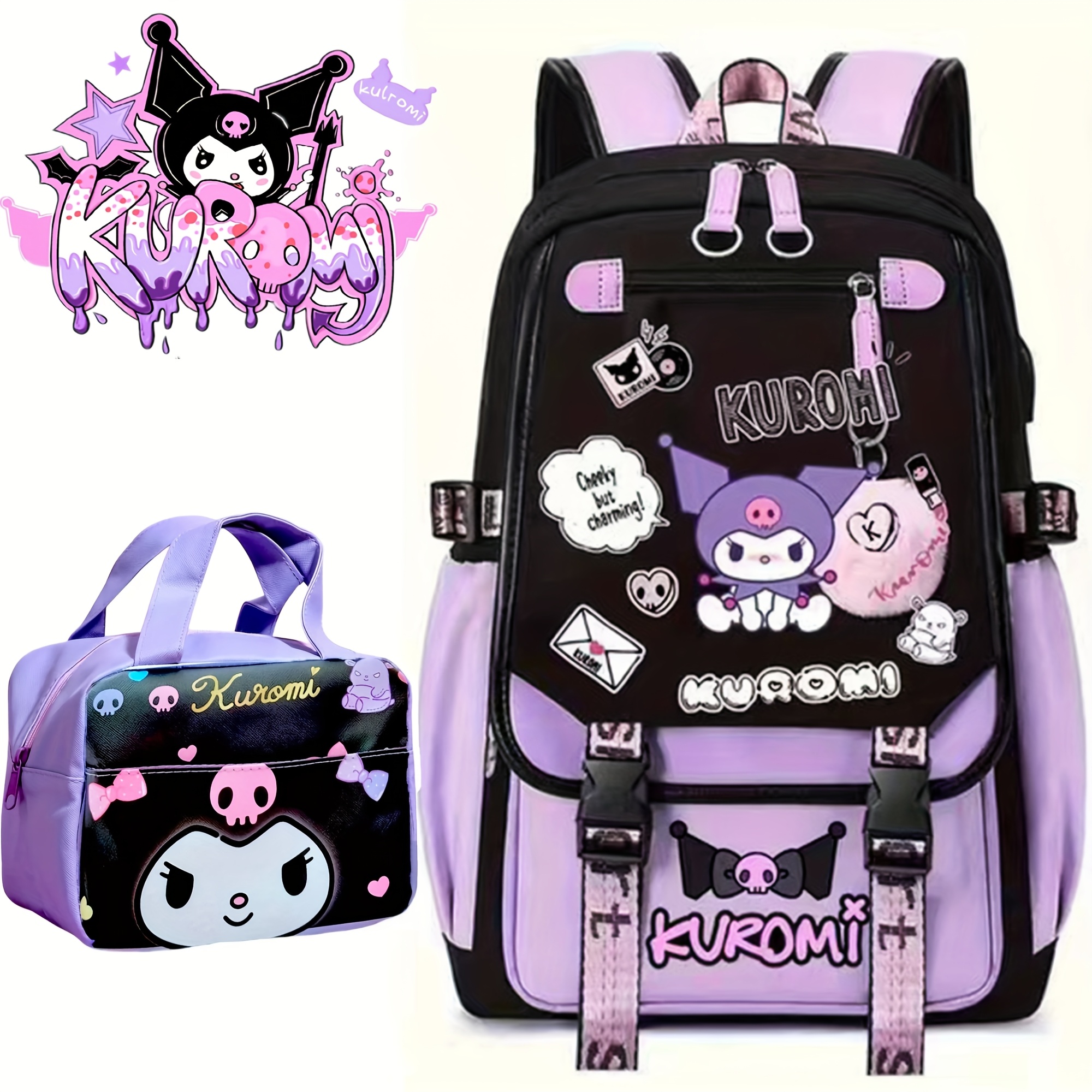 TEMU Cute For Kuromi Schoolbag Anime Shoulder Bag For Boys And Girls With Usb Mounting Holes Complimentary A Lunch Bag Outdoor Camping Hiking Ultra-lightweight Equipment Travel Essentials