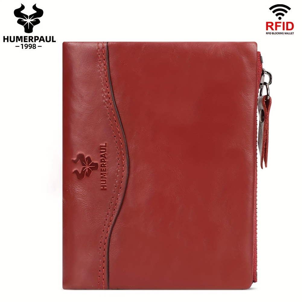 Image of Humerpaul Top-grain Cowhide Coin Purse, Vintage Genuine Leather Zippered Slim Wallet, Rfid Women's Short Wallet, European And