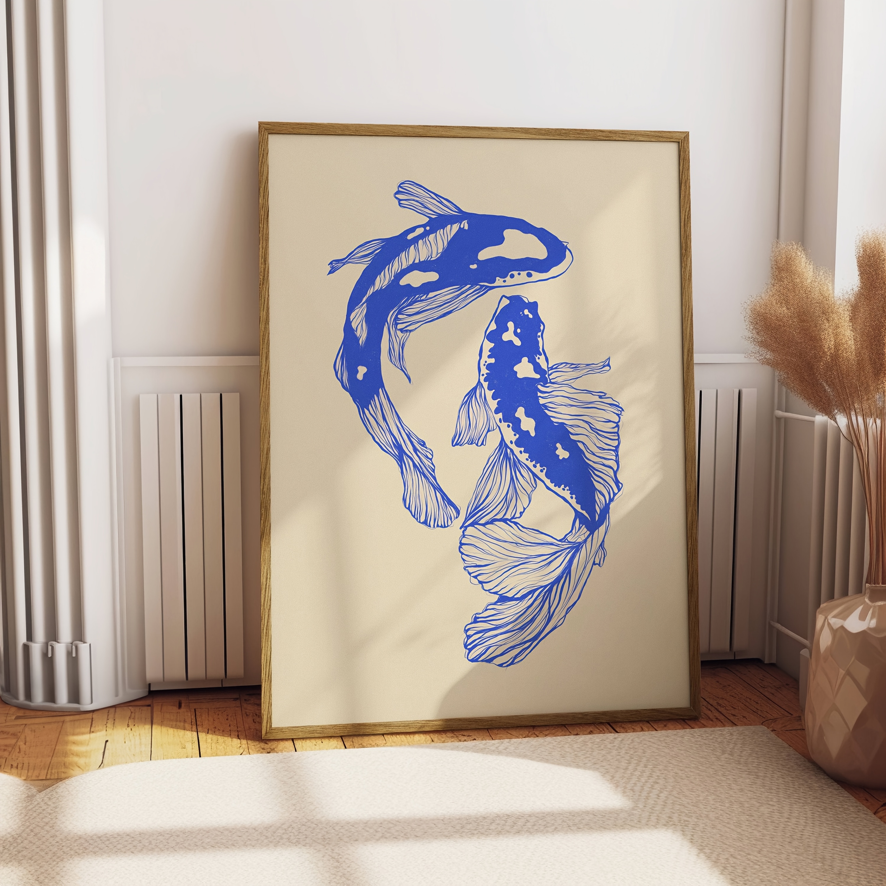 

Blue Koi Fish Canvas Print, Japanese Retro Good Luck Poster For Room, Bedroom, Dorm - Ideal Valentine's Day Gift, Canvas Painting, Home Decor