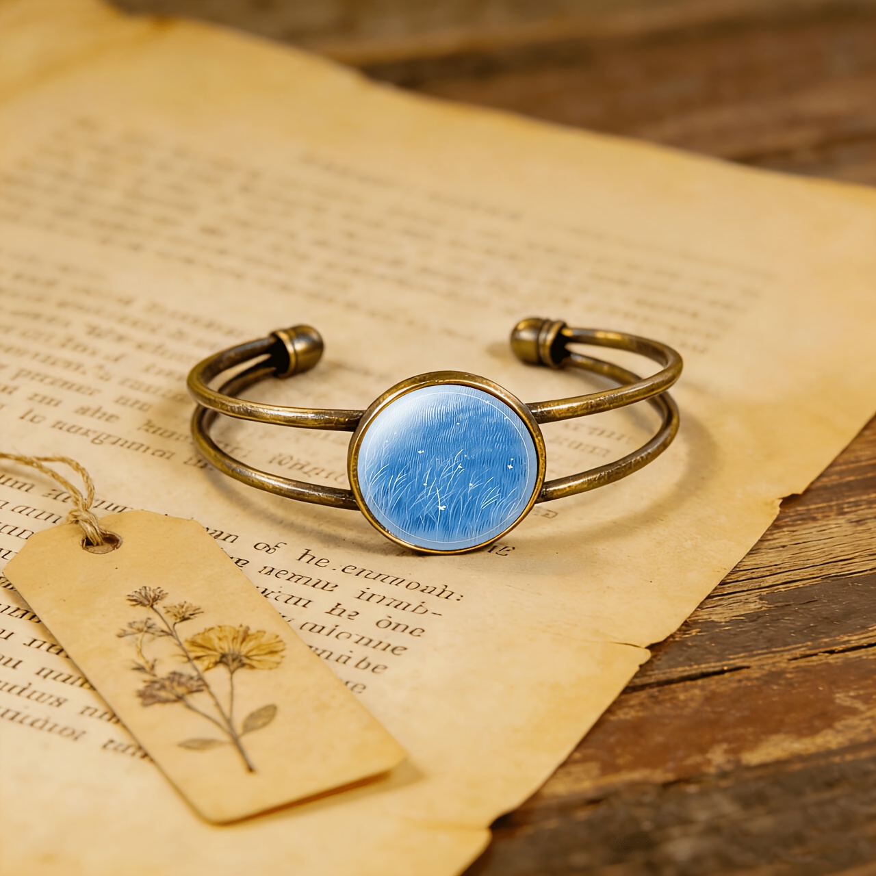 Antique Cyan Double-Layer Adjustable Opening Bracelet, Abstract Design