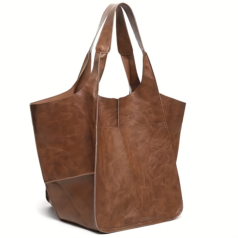 TEMU Women's Vintage Tote Bag - Soft Pvc Handbag, Strap & Classic Minimalist Style Suitable For Work, Travel, Shopping - Brown, Gray, Pink, Green,