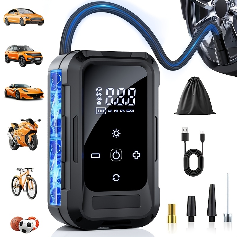 E-shop Tragbarer Luftkompressor Inflator | 150PSI Smart -Shutoff Pumpe mit Notfall-LED-Licht, USB-Aufladung, Ideal für Auto, Motorrad, Fahrrad & Bälle,