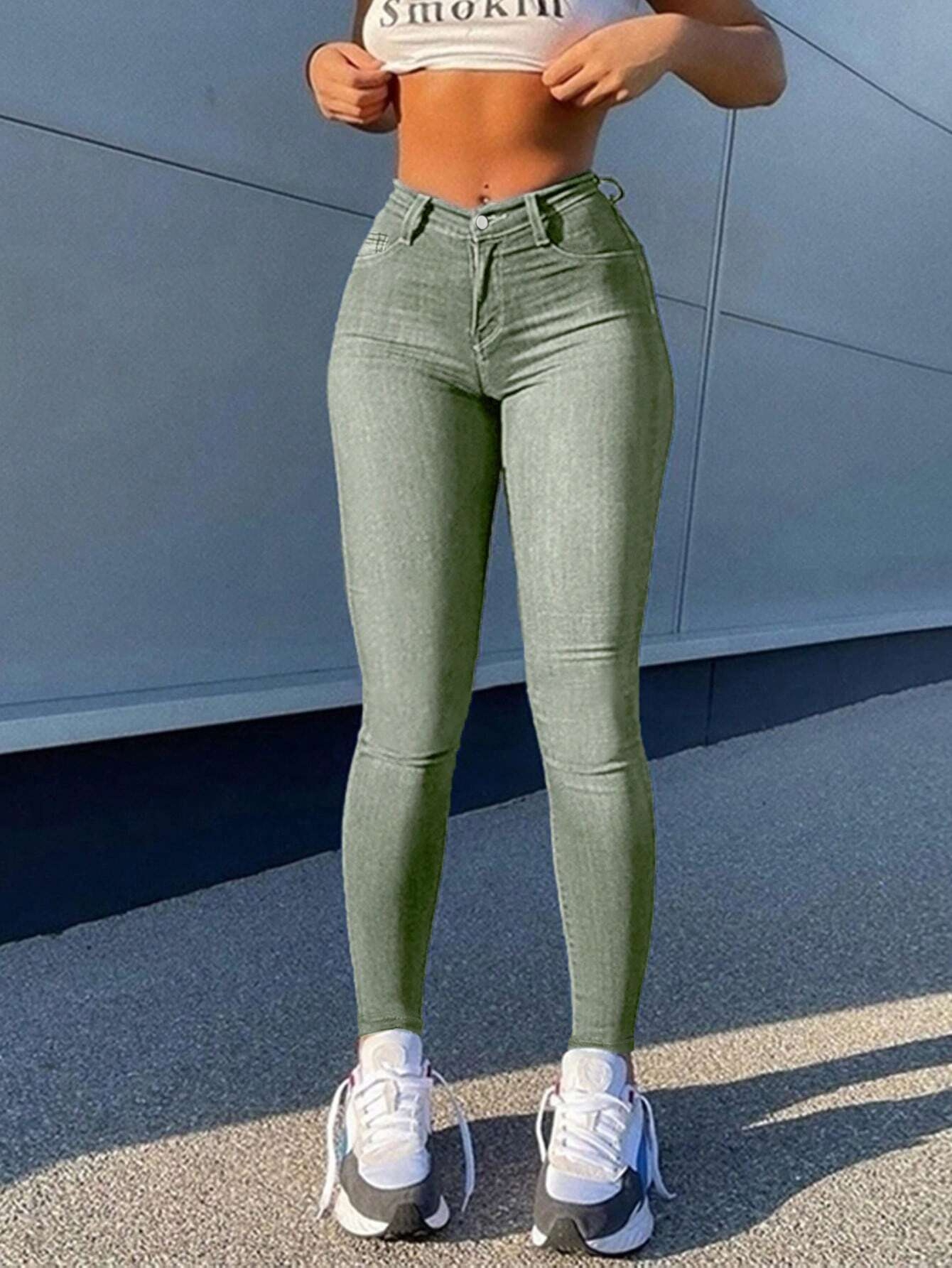 womens high waisted skinny jeans army green stretch denim Temu