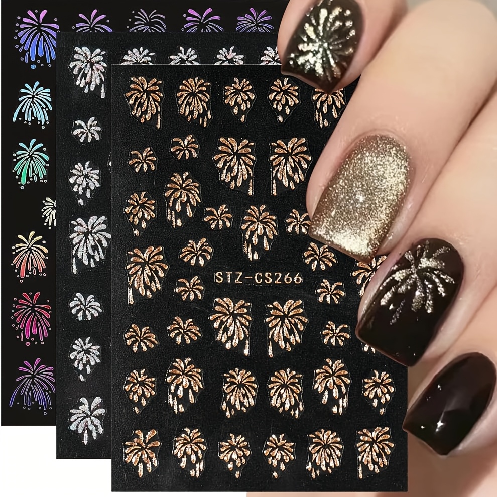 

Lot de 3 Feuilles d'Autocollants pour Ongles 3D Pailletés avec Motif de Feux d'Artifice, Décalcomanies Auto-Adhésives pour Décoration d'Ongles du An, Fournitures d'Art des Ongles pour Femmes et Filles