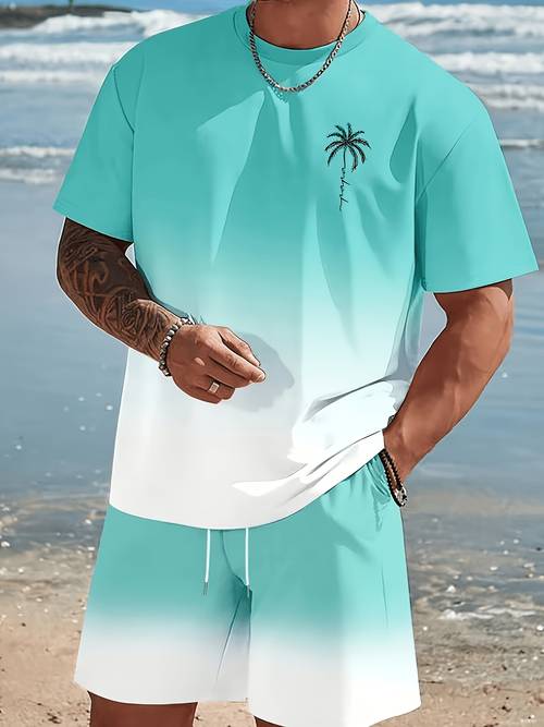 2pcs 1 set mens casual sportswear hawaiian style gradient design round neck short sleeved t shirt and elastic waistband shorts suitable for summer outdoor activities