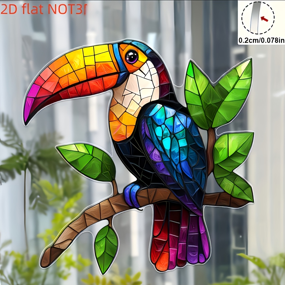 TEMU 2d Flat, 1pc Retro Suncatcher Window Hanging Decoration - Colorful Bird Acrylic Panel With Irregular Frame, Suitable For Indoor/outdoor Use,