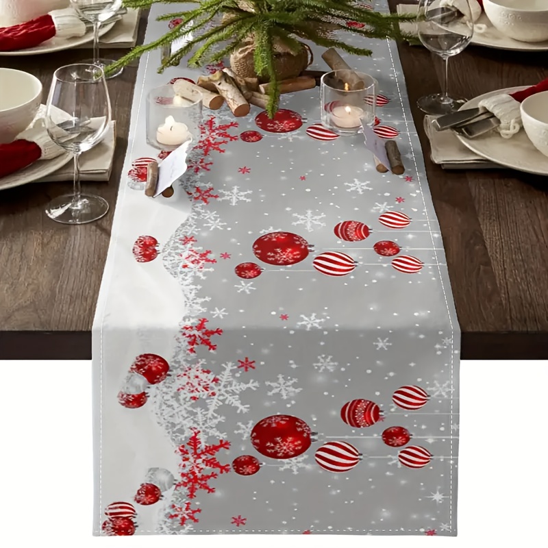 

1pc Grey Polyester Table Runner With Snowflakes & Ornaments - Christmas, Holiday Dinners, Parties & Weddings